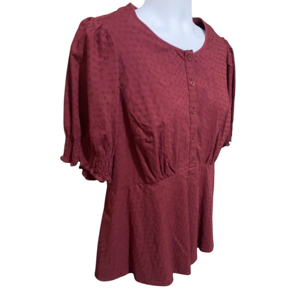 Lane Bryant Short Sleeve Embroidered Eyelet Burgundy Babydoll Top Plus Size 16 - Picture 6 of 12